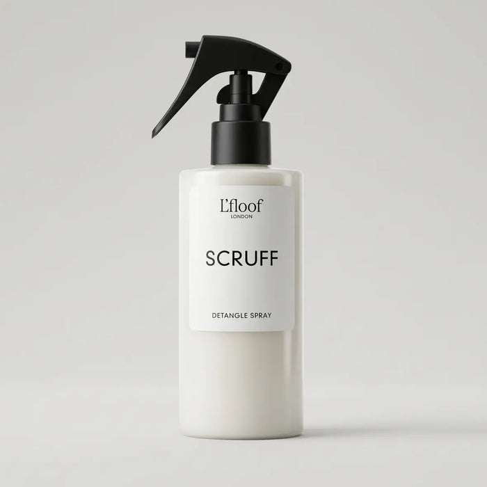 Lfloof Scruff detangle spray bottle on a light gray background