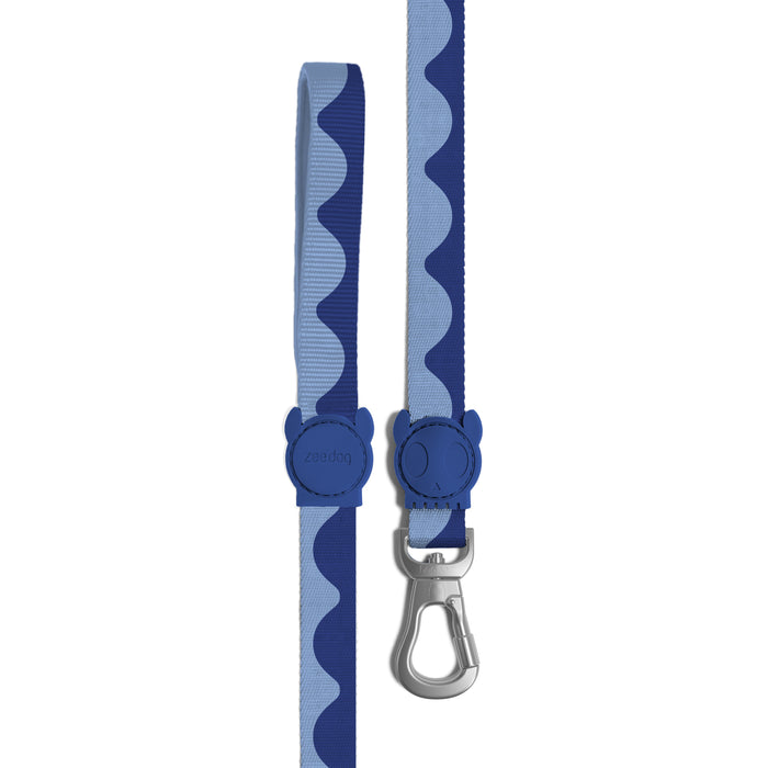 Blue wavy patterned strap with a metal clip on a white background