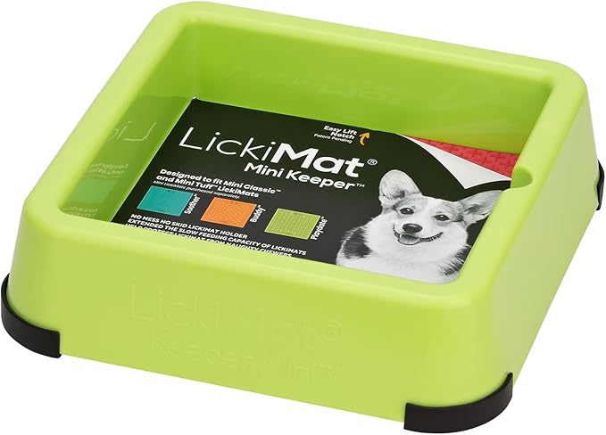 Green LickiMat Mini Keeper with a dog illustration on a white background