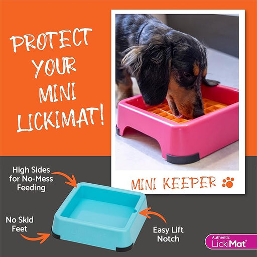 Pet product advertisement for a pink and blue 'Mini Keeper' lickimat with text on an orange background.
