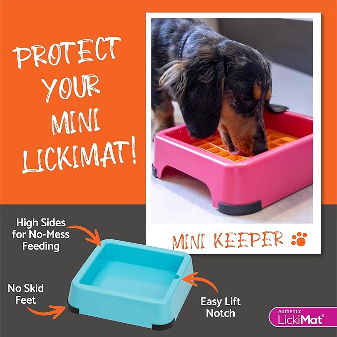 Pet product advertisement for a pink and blue 'Mini Keeper' lickimat with text on an orange background.