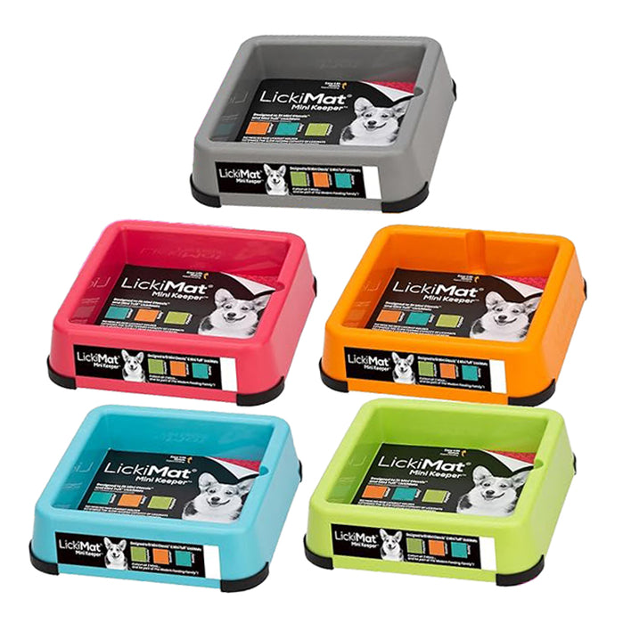 Set of colorful LickiMat Mini Keepers on a white background