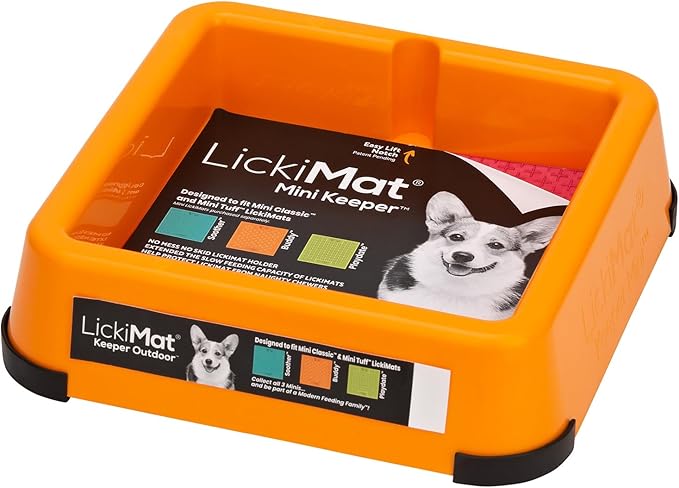 Orange LickiMat Mini Keeper with branding and product details on a white background