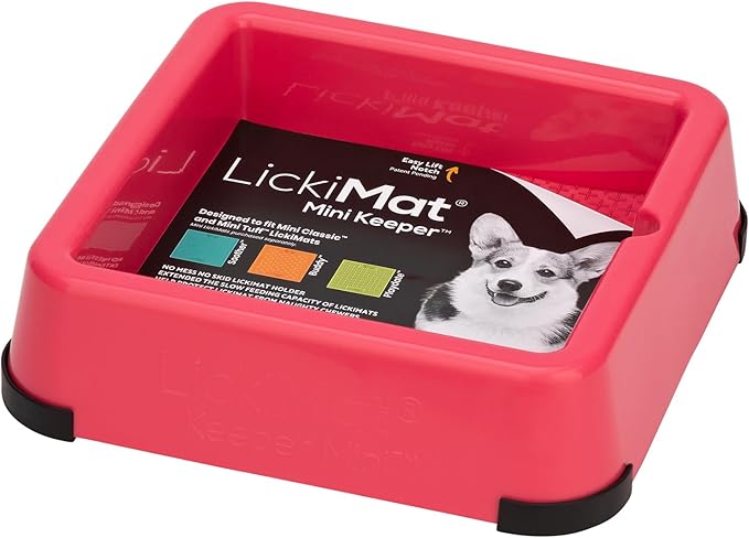 Pink LickiMat Mini Keeper with a dog illustration on a white background