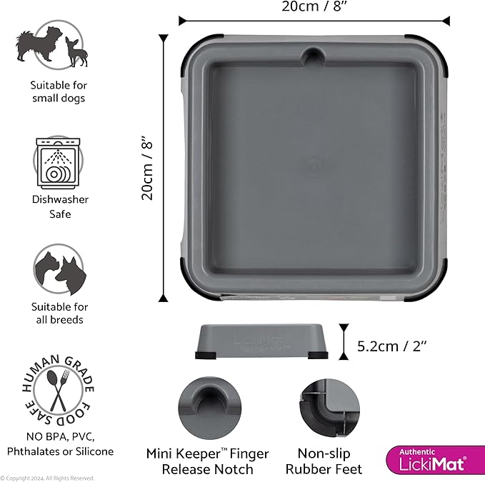 Lickimat Mini Keeper with dimensions and features on a white background