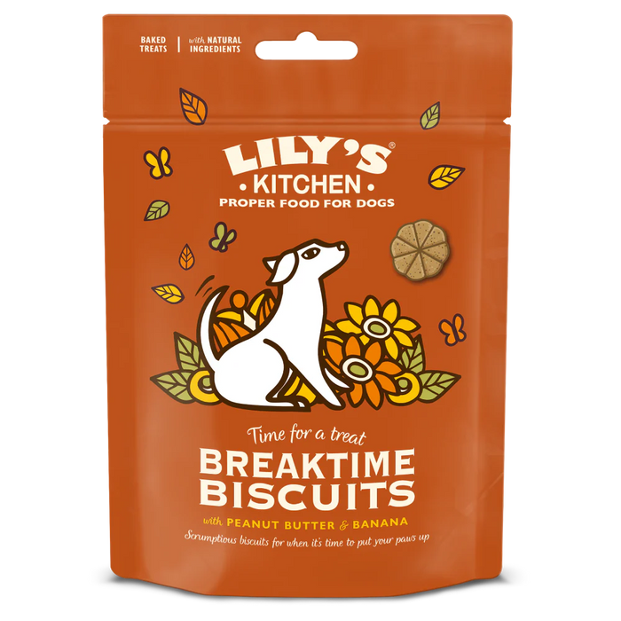 Lily's Kitchen Breaktime Biscuits packaging for dogs on an orange background