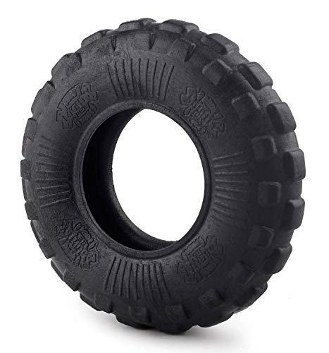 Black tire with tread pattern on a white background