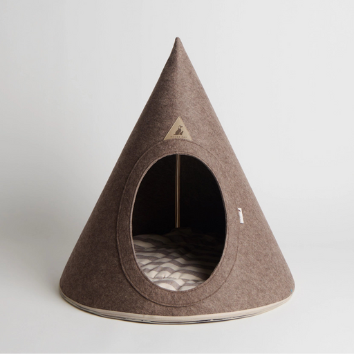 Brown cone-shaped pet bed on a white background
