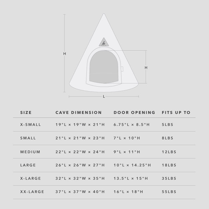 Size guide diagram for a cave tent, showing a simple tent outline with height and width labels above a size table listing X-Small through XX-Large dimensions, door opening measurements, and weight limits.