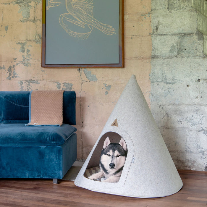 A light gray felt cone-shaped dog house with a husky dog peeking out from the front opening, set in a room next to a blue velvet sofa against a textured concrete wall.