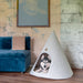 A light gray felt cone-shaped dog house with a husky dog peeking out from the front opening, set in a room next to a blue velvet sofa against a textured concrete wall.
