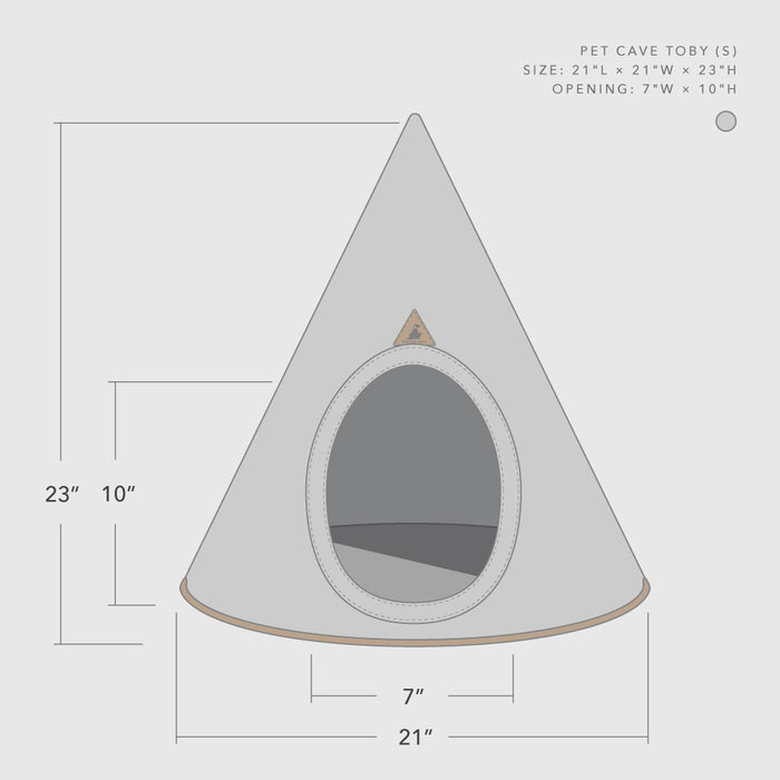 Triangular pet cave with dimensions on a white background