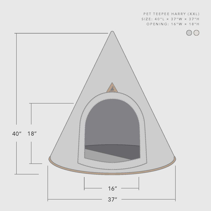 Measurement chart of a pet teepee with dimensions on a white background