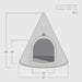 Measurement chart of a pet teepee with dimensions on a white background