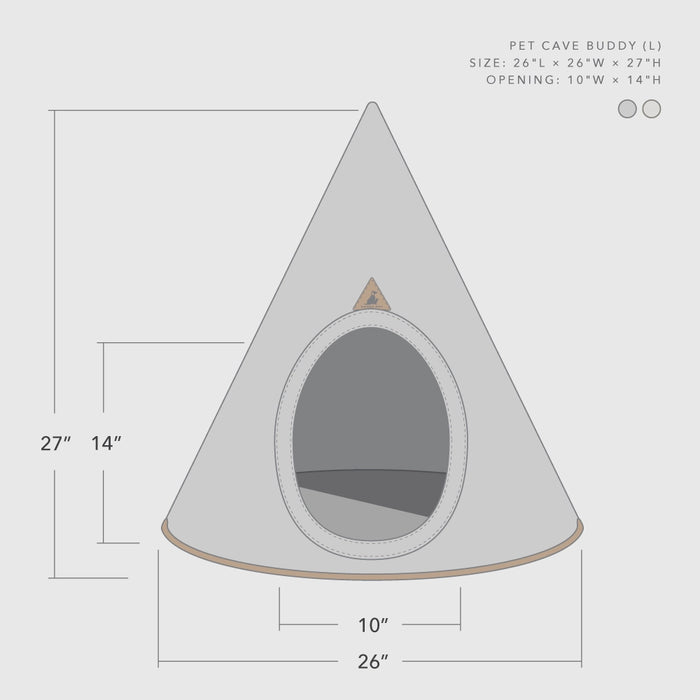 Triangular pet cave with dimensions on a white background