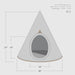 Triangular pet cave with dimensions on a white background