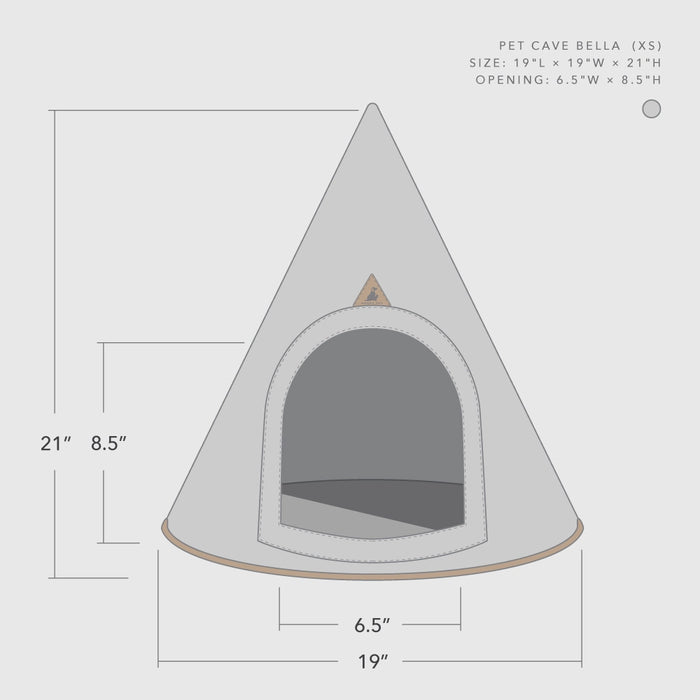 Measurement chart of a pet cave named Bella with dimensions on a white background
