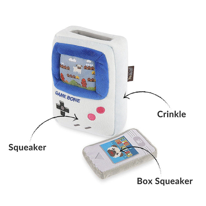 Toy resembling a Game Boy with labeled parts on a white background
