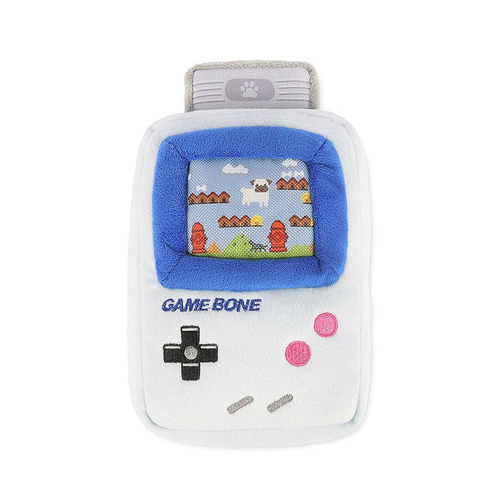 A plush pet toy designed to look like a retro handheld game console, featuring a white body, blue faceplate, pink buttons, and a pixelated screen showing a classic video game scene.