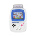 A plush pet toy designed to look like a retro handheld game console, featuring a white body, blue faceplate, pink buttons, and a pixelated screen showing a classic video game scene.