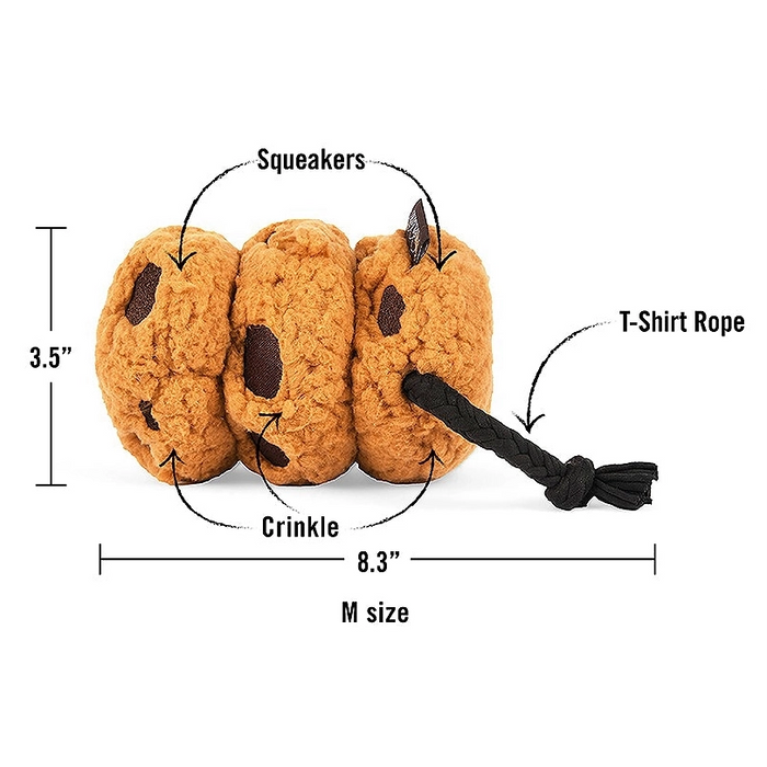 A dog toy shaped like three cookie slices with a black T-shirt rope, shown on a white background with measurement labels indicating 3.5 inches tall, 8.