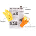 Two novelty dog toys shaped like gloves are displayed on a newspaper prop against a white background, with black callout lines and text labels identifying the yellow toy as Squeaker and the orange toy as Squeaker & Crinkle.