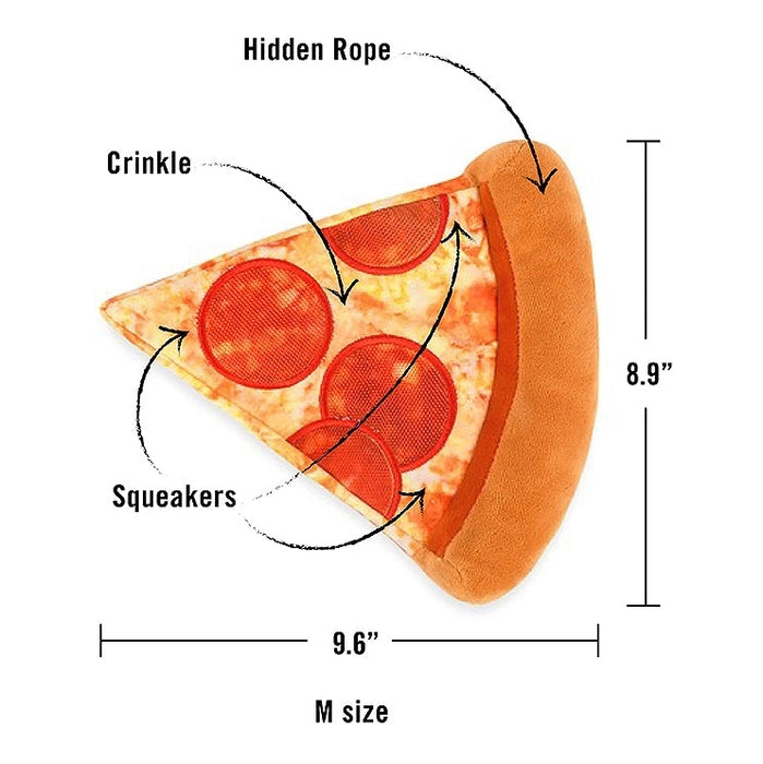 A pizza slice plush toy with dimension labels showing 9.6 inches wide, 8.