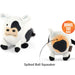 Plush cow toy with spiked ball squeaker on a white background