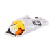 Small plush toy wrapped in newspaper on a white background