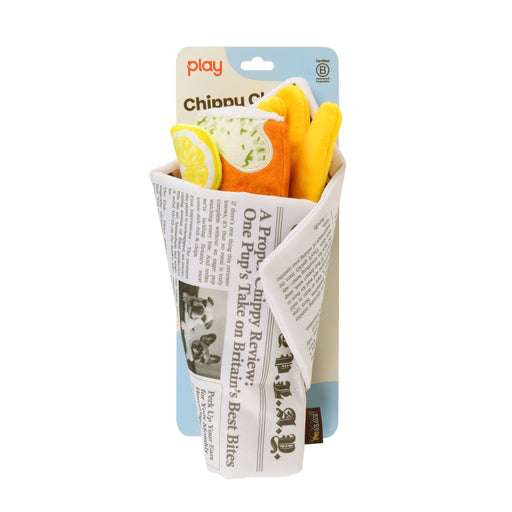Dog toy with chewable treat in a newspaper-wrapped container on a white background