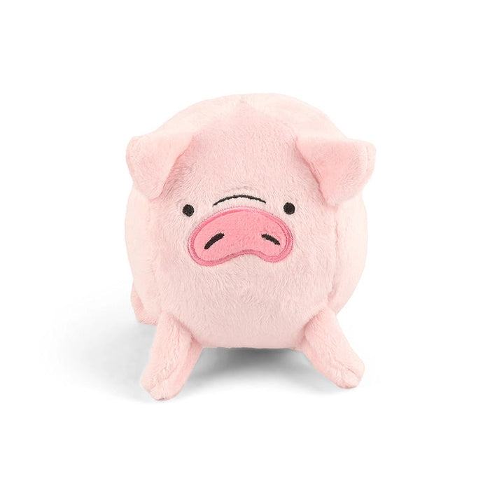 A small pink plush pig toy with a cute embroidered face, standing on a plain white background.