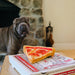 Dog looking at a pizza slice on a box with a fireplace in the background