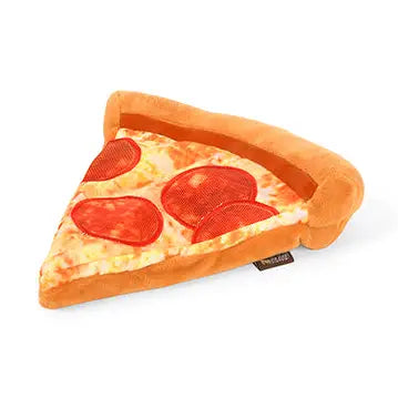 A plush pizza slice pet bed with a brown crust, yellow cheese pattern, and red pepperoni slices, shown on a plain white background.