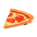 A plush pizza slice pet bed with a brown crust, yellow cheese pattern, and red pepperoni slices, shown on a plain white background.