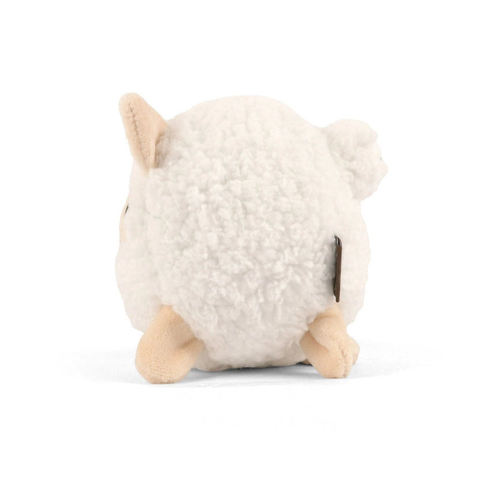 Small plush toy resembling a sheep on a white background