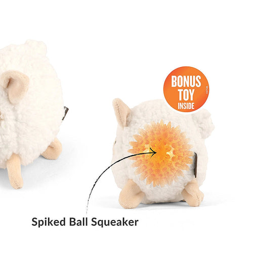 A plush sheep toy shown from the front and back on a white background. The front view shows a cream-colored fluffy body, beige ears and legs, and a simple stitched smile.