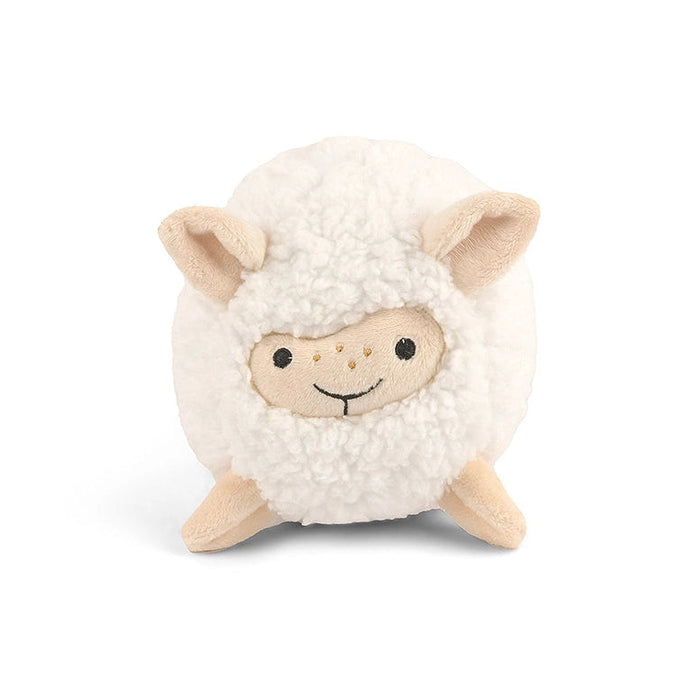 A small plush sheep toy with fluffy cream-colored wool, light tan ears and legs, and a simple embroidered face, centered on a plain white background.