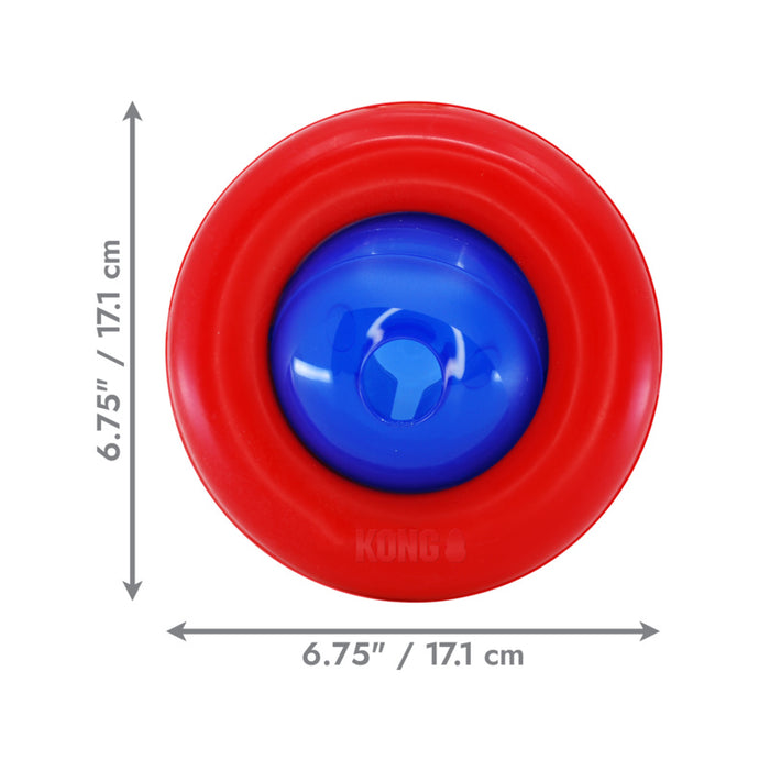A red circular Kong toy with a blue center, shown on a white background with measurement arrows and text indicating 5.25 inches / 13.