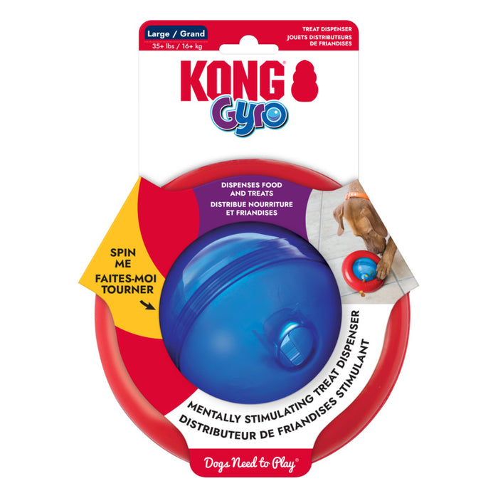 Kong Gyro treat dispenser toy in its retail packaging, featuring a blue spherical dispenser inside a red circular holder with a white backing card.