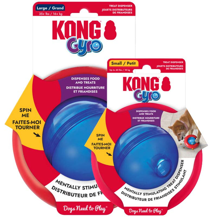 Two Kong Gyro treat dispenser toys for dogs, one large blue ball and one small blue ball, each in its own retail packaging. The packaging features the Kong Cito logo, product details in English and French, and a small photo of a dog on the right package.