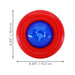 A red circular Kong toy with a blue center, shown on a white background with measurement arrows and text indicating 5.25 inches / 13.