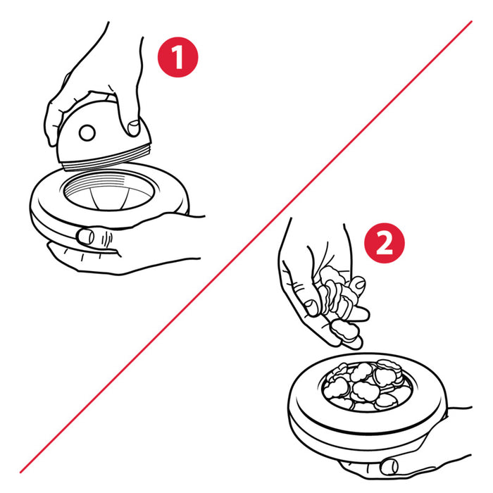 Instruction diagram showing two numbered steps for opening a round container: step 1 shows a hand lifting the lid, and step 2 shows a hand placing contents into the container.