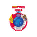 Kong Curo Small Mental Stimulating Treat Dispenser toy in its retail packaging, featuring a blue plastic ball dispenser with a red circular handle, mounted on a white and red backing card.