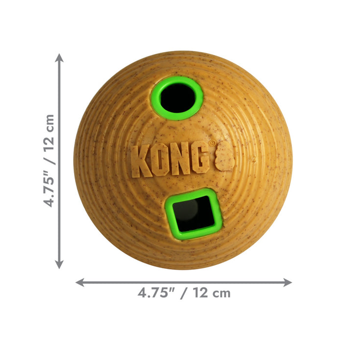 Kong natural wood ball dog toy with green trim, shown with dimension arrows and labels indicating a height and diameter of 4.75 inches (12 cm) on a white background.