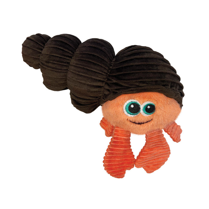 Plush toy with a smiling face, black hair, and orange body on a white background