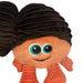Plush toy with brown hair and orange body on a white background