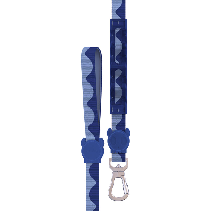 Blue wave design dog leash with a clip on a white background