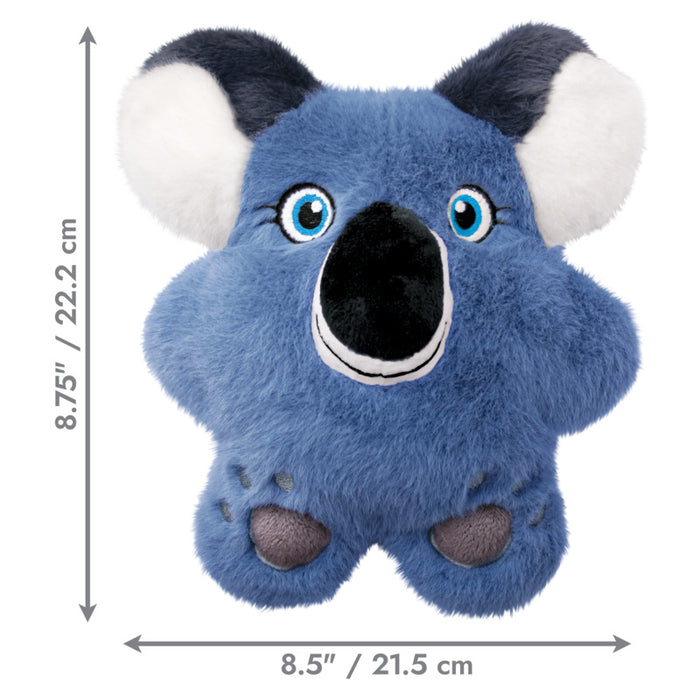 Blue plush toy with white accents on a white background with measurements