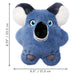 Blue plush toy with white accents on a white background with measurements