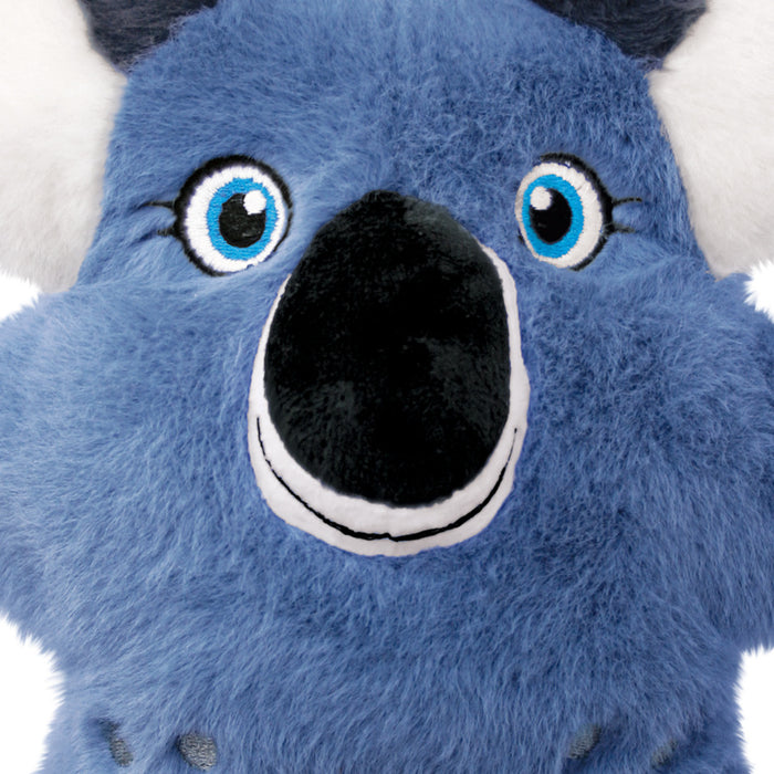 Close-up of a blue plush toy face with large blue eyes, a black nose, white trim, and dark ear tips on a white background.